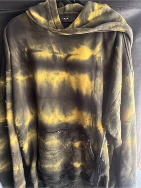 AMIRI Black and Yellow Tie-Dye Distressed Crewneck Hoodie